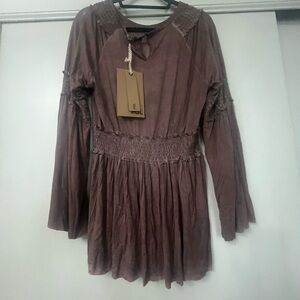 POL Brown/pink  Smocked V-Neck top with Bishop Sleeves